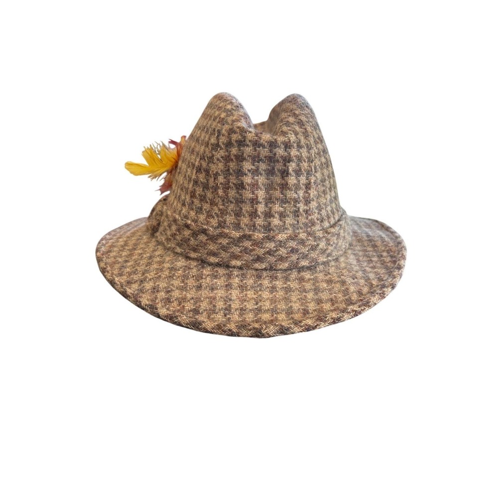 Vintage Allyn St George Mens Brown Houndstooth Trilby Fedora Hat w/ Feather Wool